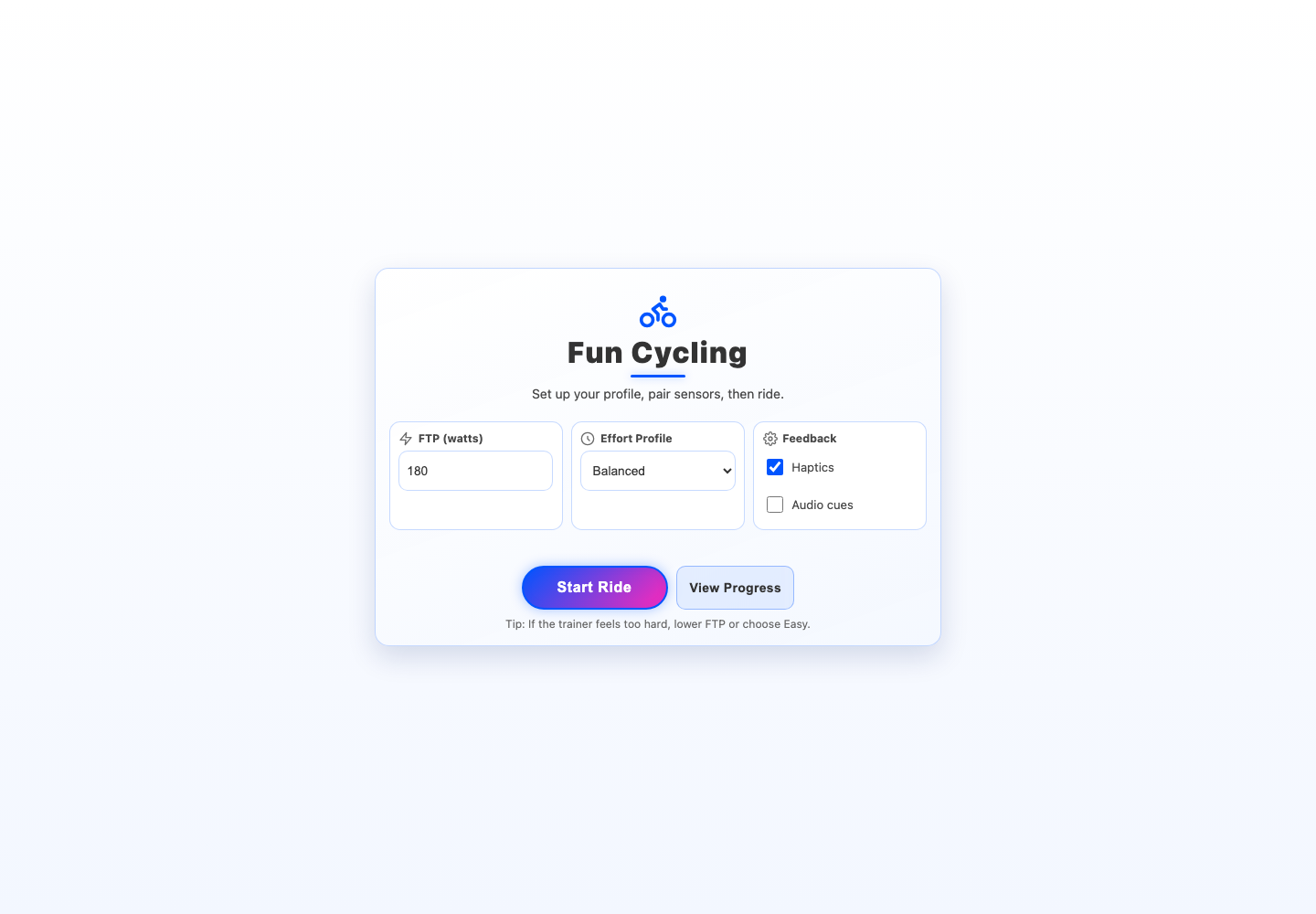 Fun Cycling app screenshot showing ride setup controls.