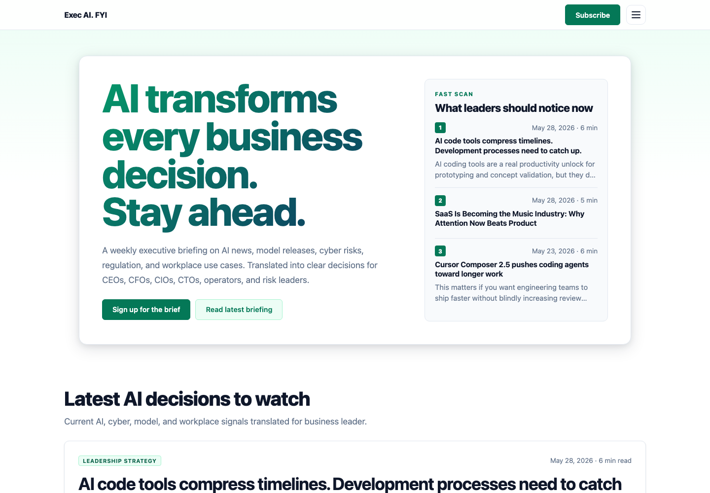 Briefing Studio homepage screenshot for executive AI intelligence.