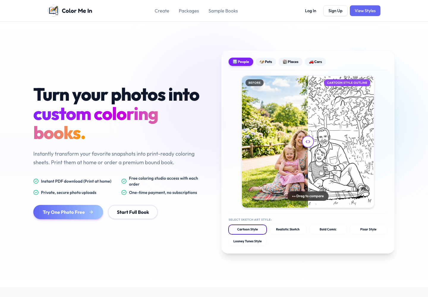 Color Me In homepage screenshot showing the photo to coloring page product.