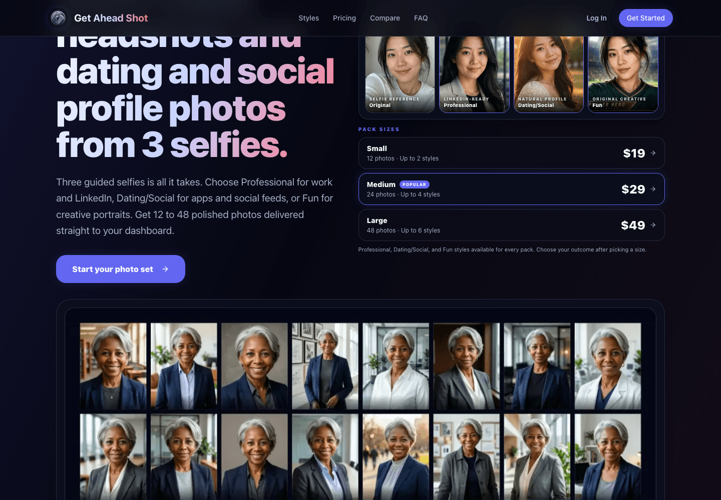 GetAheadShot homepage showing work-ready headshots and dating profile photos from selfies.