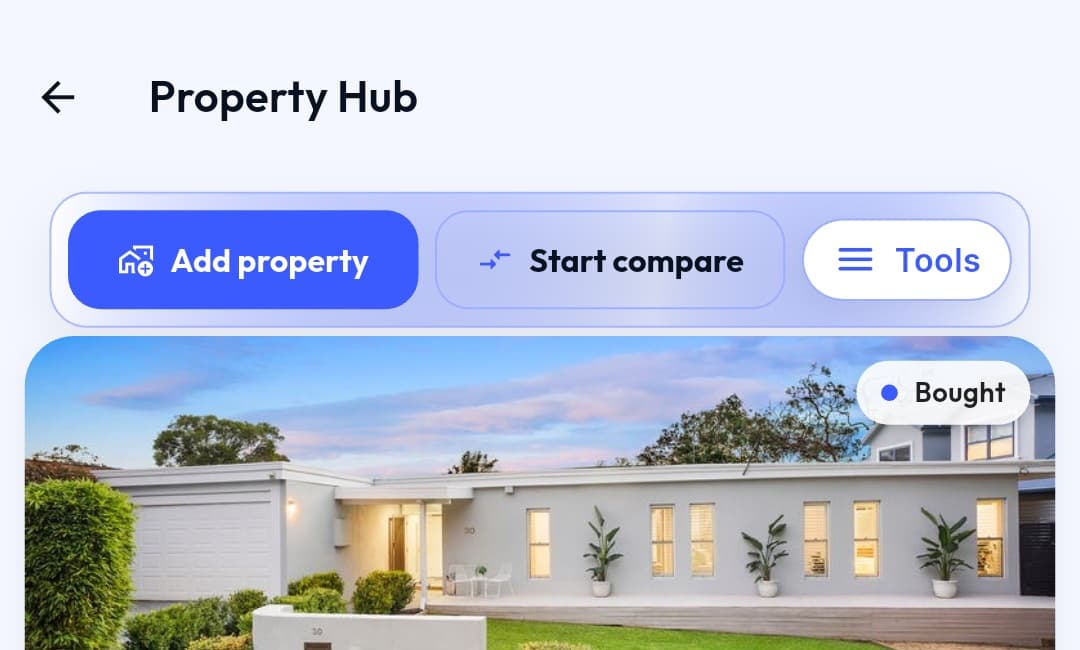 Home Buyers App Property Hub showing add, compare, and tools actions above a property card.