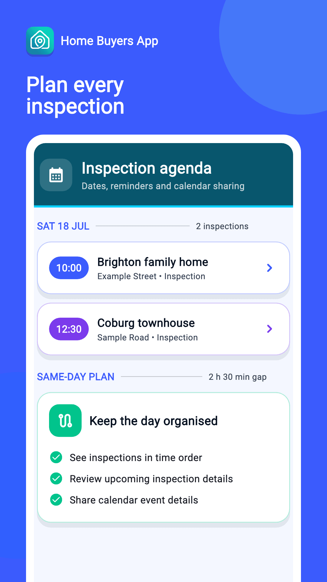 A group-synced inspection calendar with two upcoming fictional homes and a same-day plan.