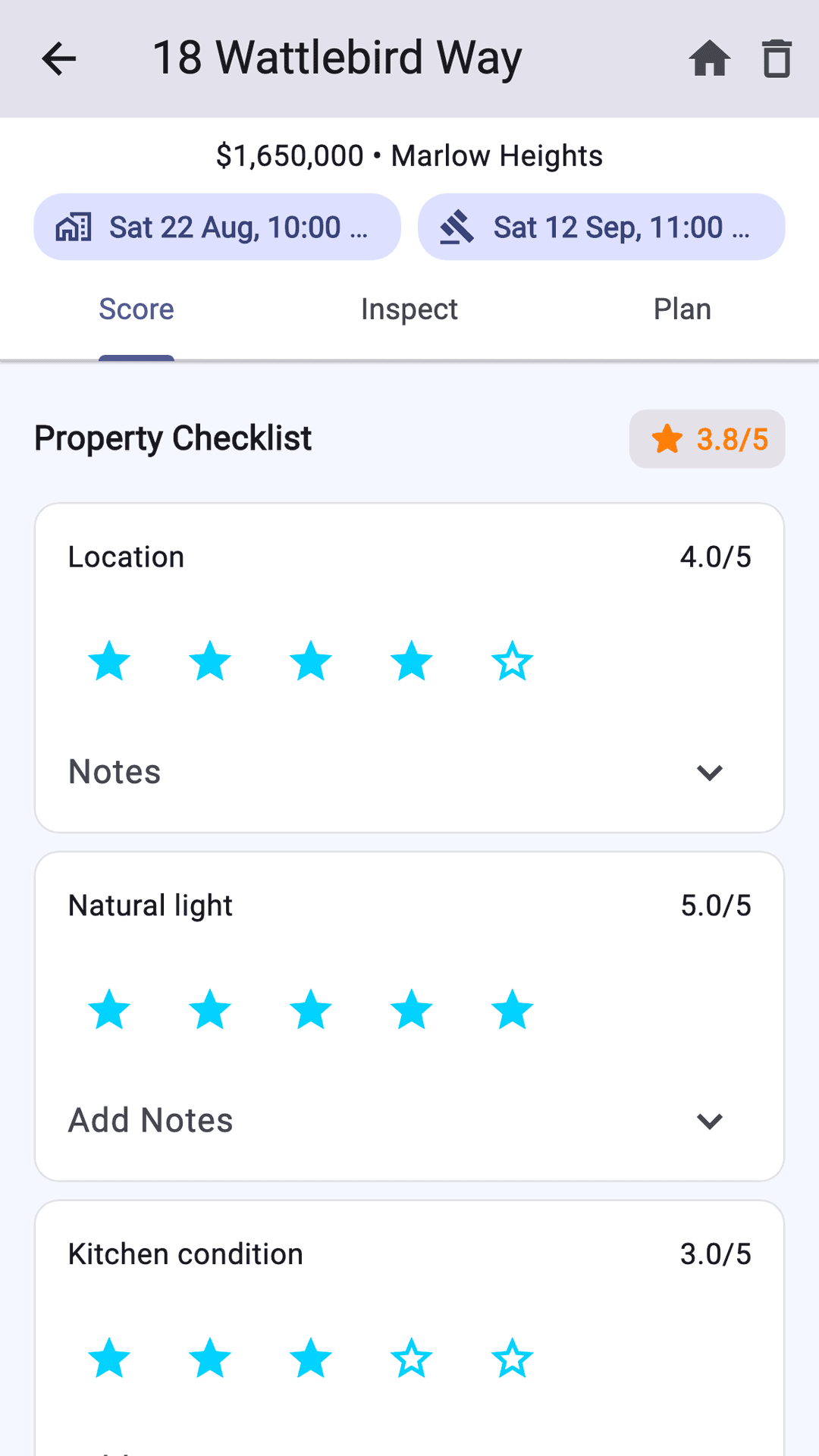 The Score tab for a fictional home, with a star checklist and a 3.8 out of 5 score.