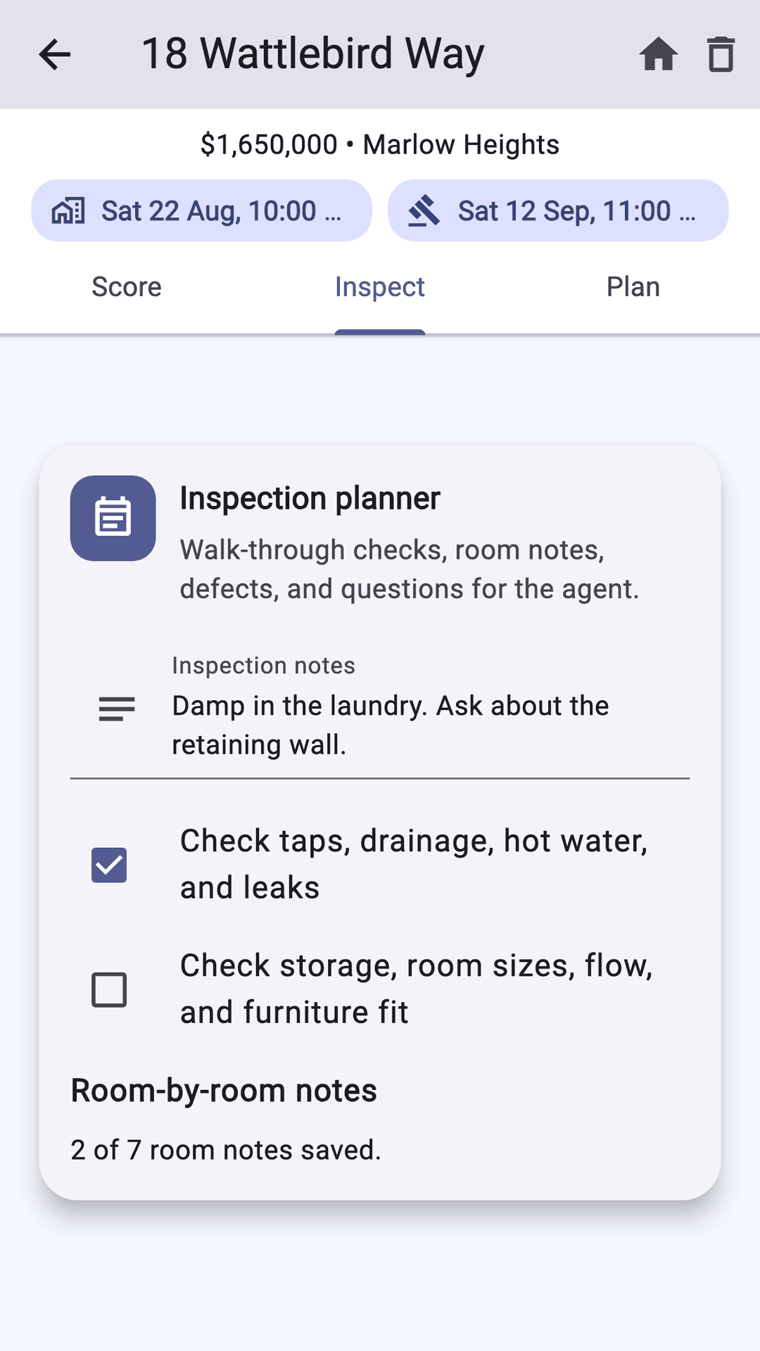 The Inspect tab for a fictional home, with an inspection planner, notes and walk-through checks.