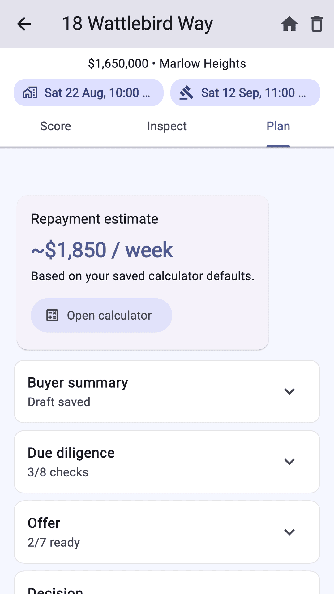 The Plan tab for a fictional home, with a weekly repayment estimate and offer, due diligence and decision rows.