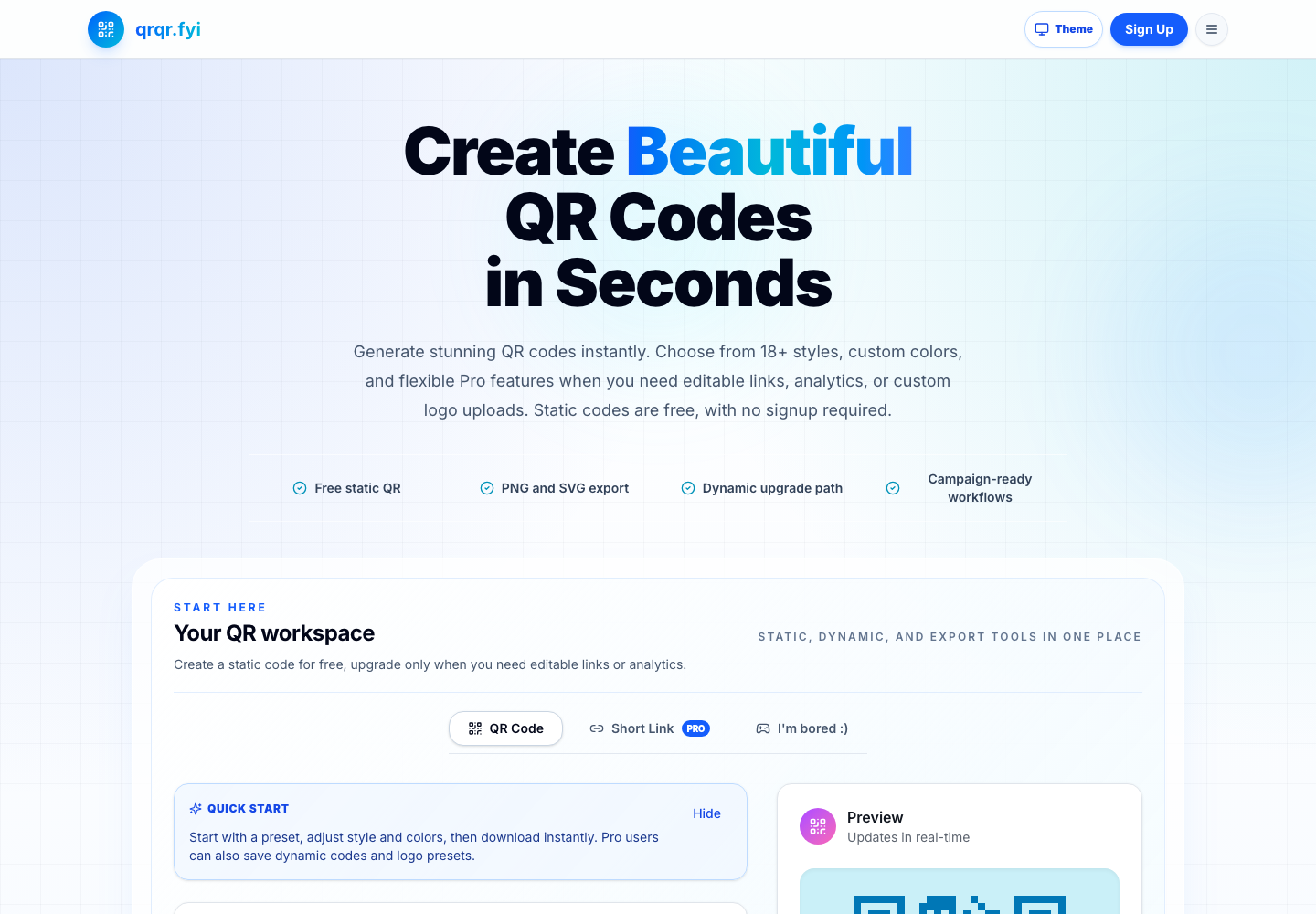 QRQR homepage screenshot showing the QR code generator interface.