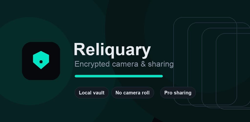 Reliquary feature graphic showing the encrypted camera and private vault positioning.