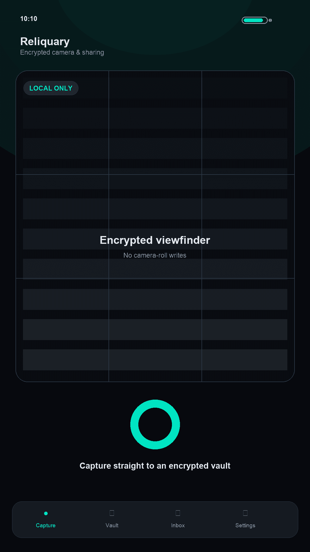 Reliquary capture screen with a local-only viewfinder and teal shutter.
