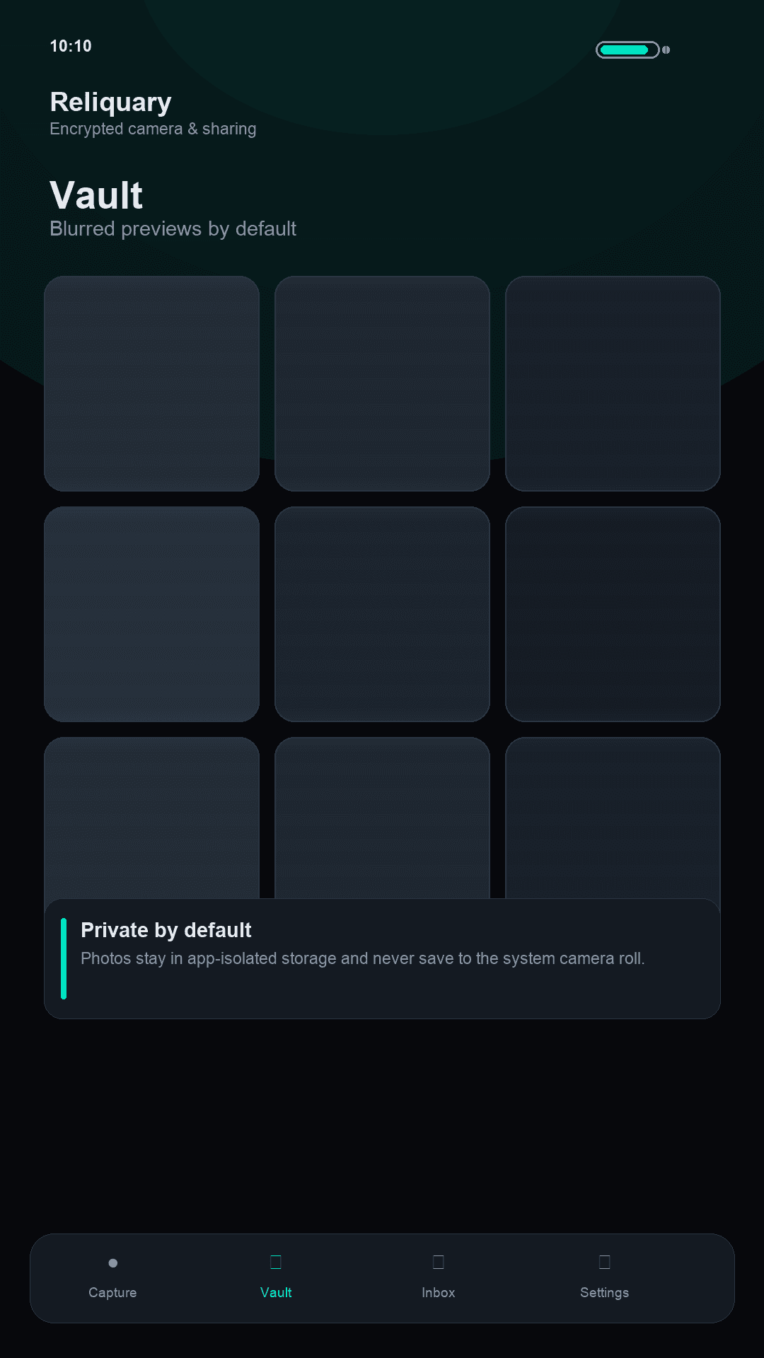 Reliquary vault grid with blurred previews kept off the system camera roll.