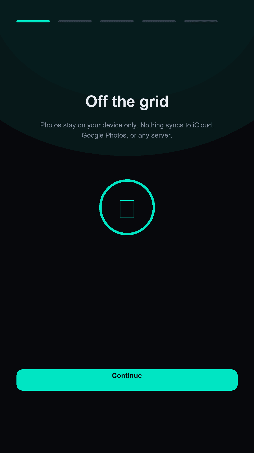 Onboarding screen stating photos stay on the device and do not sync to iCloud or Google Photos.