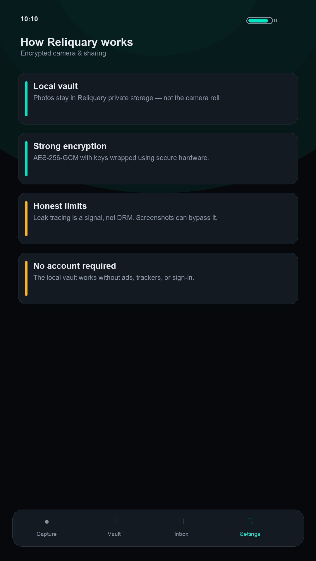 How Reliquary works: local vault, AES-256-GCM, honest limits, no account required.