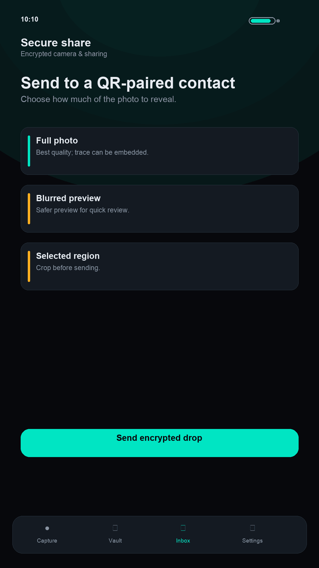 Secure share screen for sending an encrypted photo to a QR-paired contact.