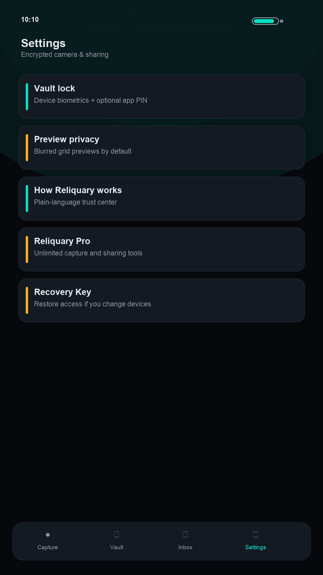 Settings with vault lock, preview privacy, Reliquary Pro, and Recovery Key.