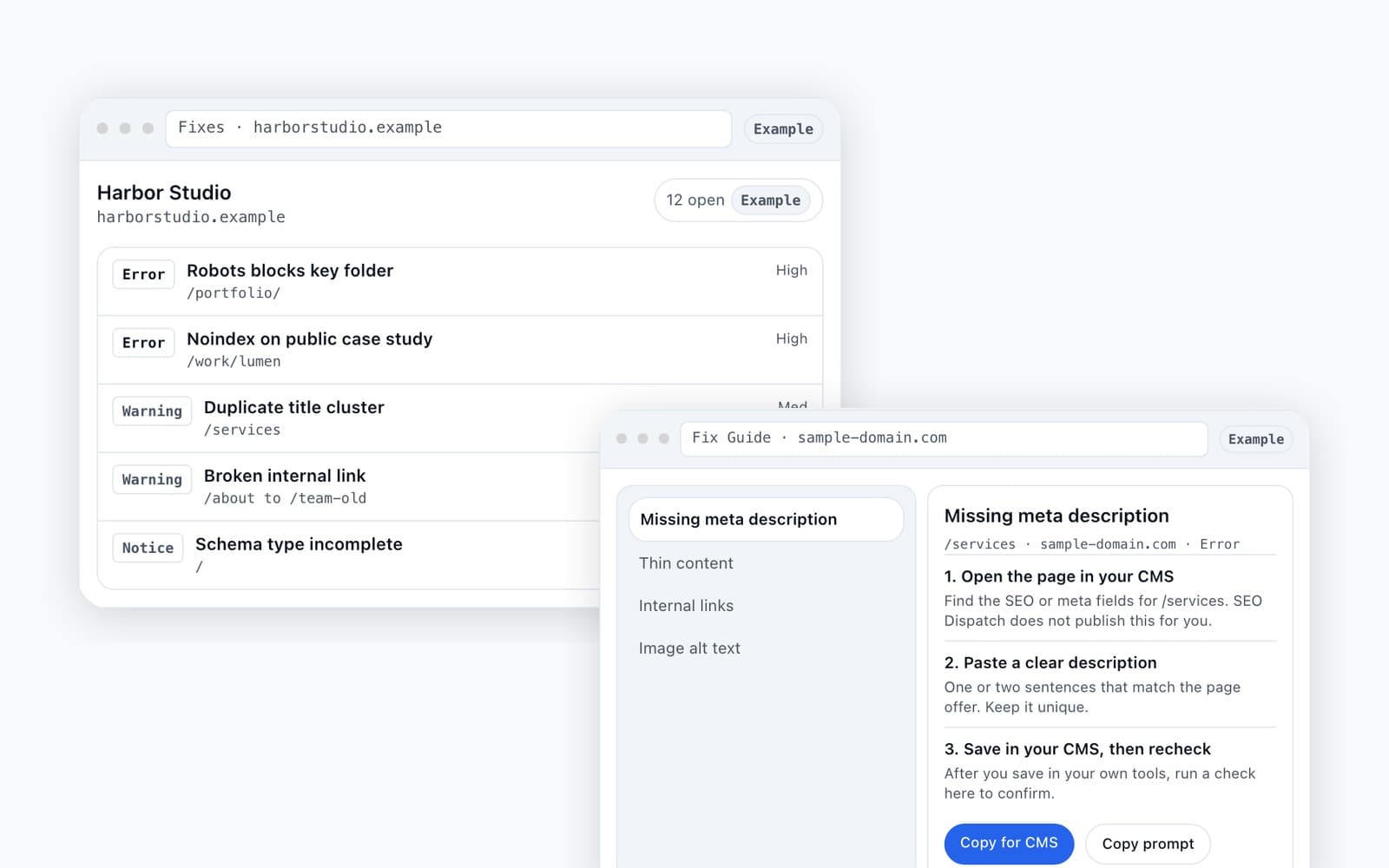 Example Fixes list and an example Fix Guide from SEO Dispatch.