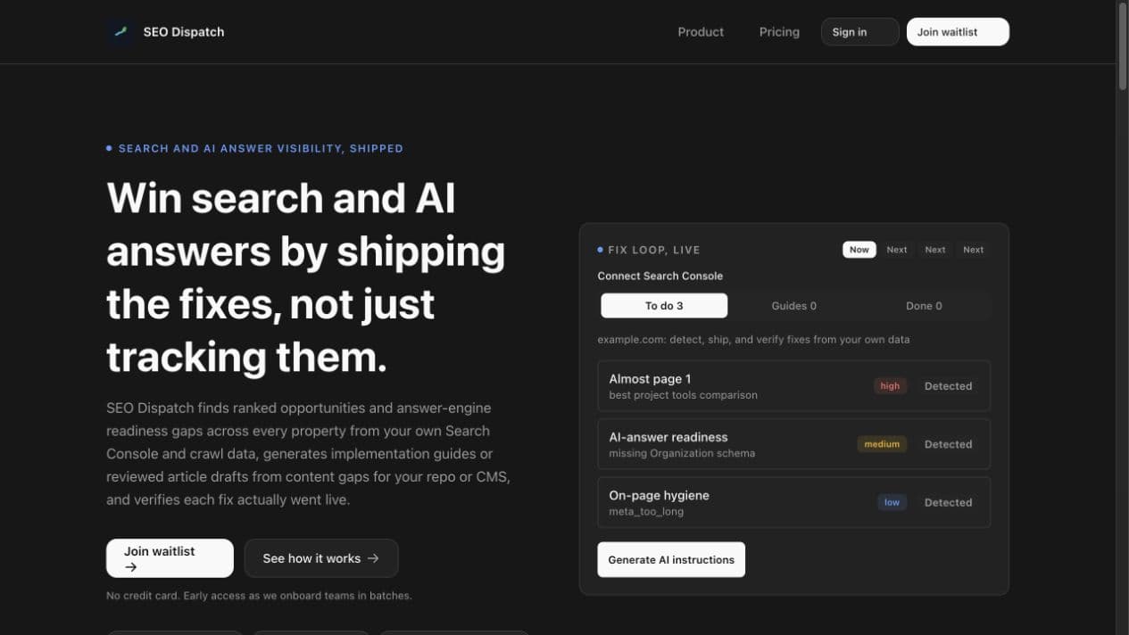 SEO Dispatch homepage showing its Search Console fix workflow.