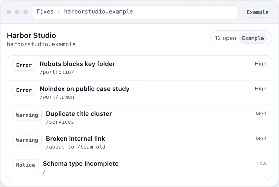 SEO Dispatch screen listing the three fixes that matter.