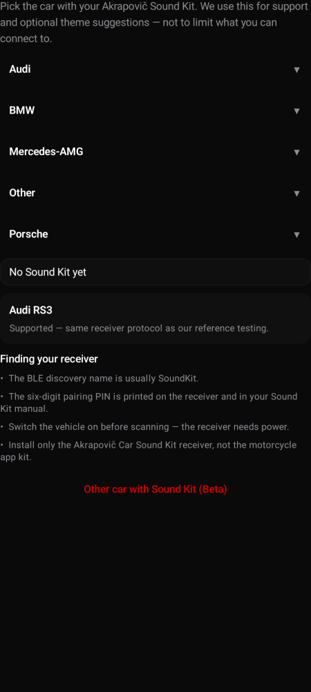 Vehicle selection screen with Audi RS3.