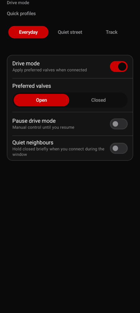 Drive mode set to auto open valves on connect.