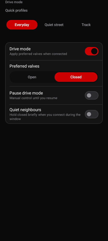 Drive mode set to auto close valves on connect.