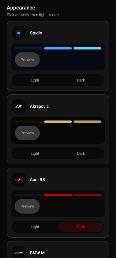 Audi RS dark theme with matte black and RS red accents.