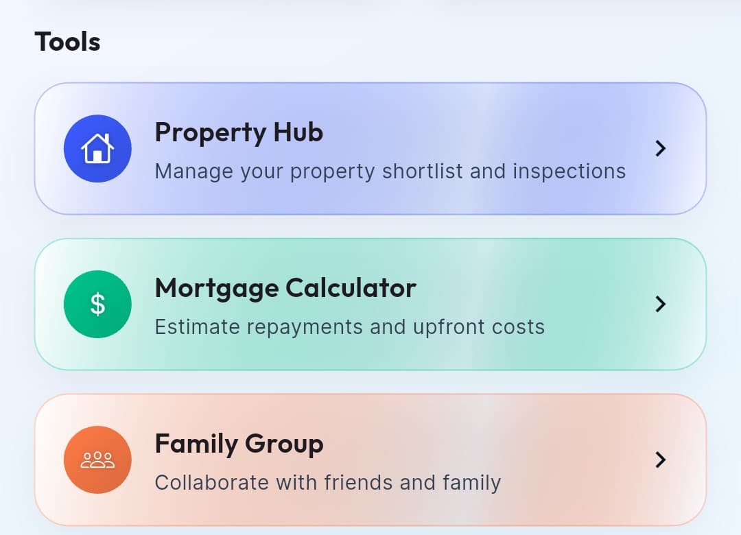 Tools screen for Property Hub, Mortgage Calculator, and Family Group.