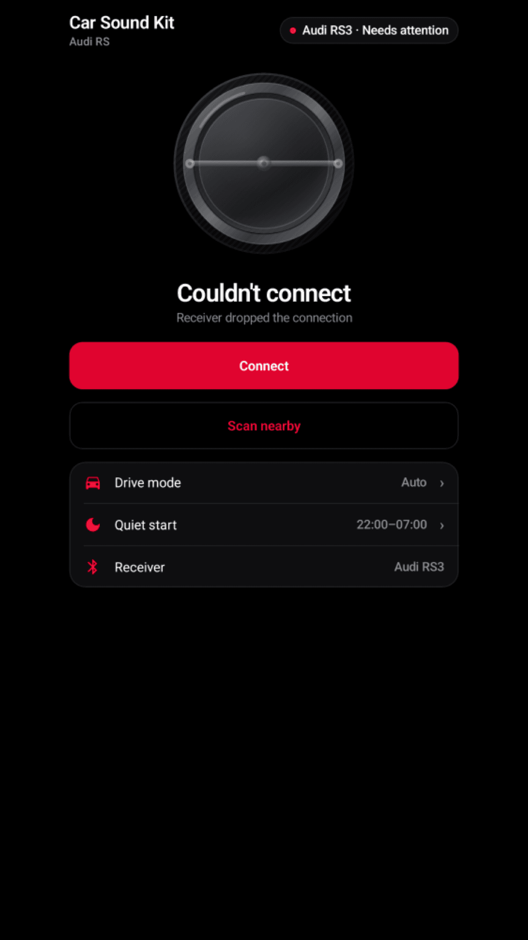 Home screen when the receiver cannot be reached, with Connect and Scan nearby buttons.